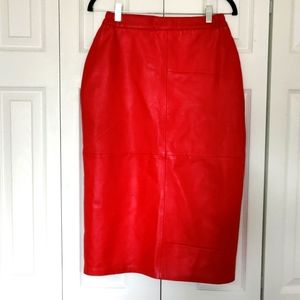 Red genuine leather midi pencil skirt